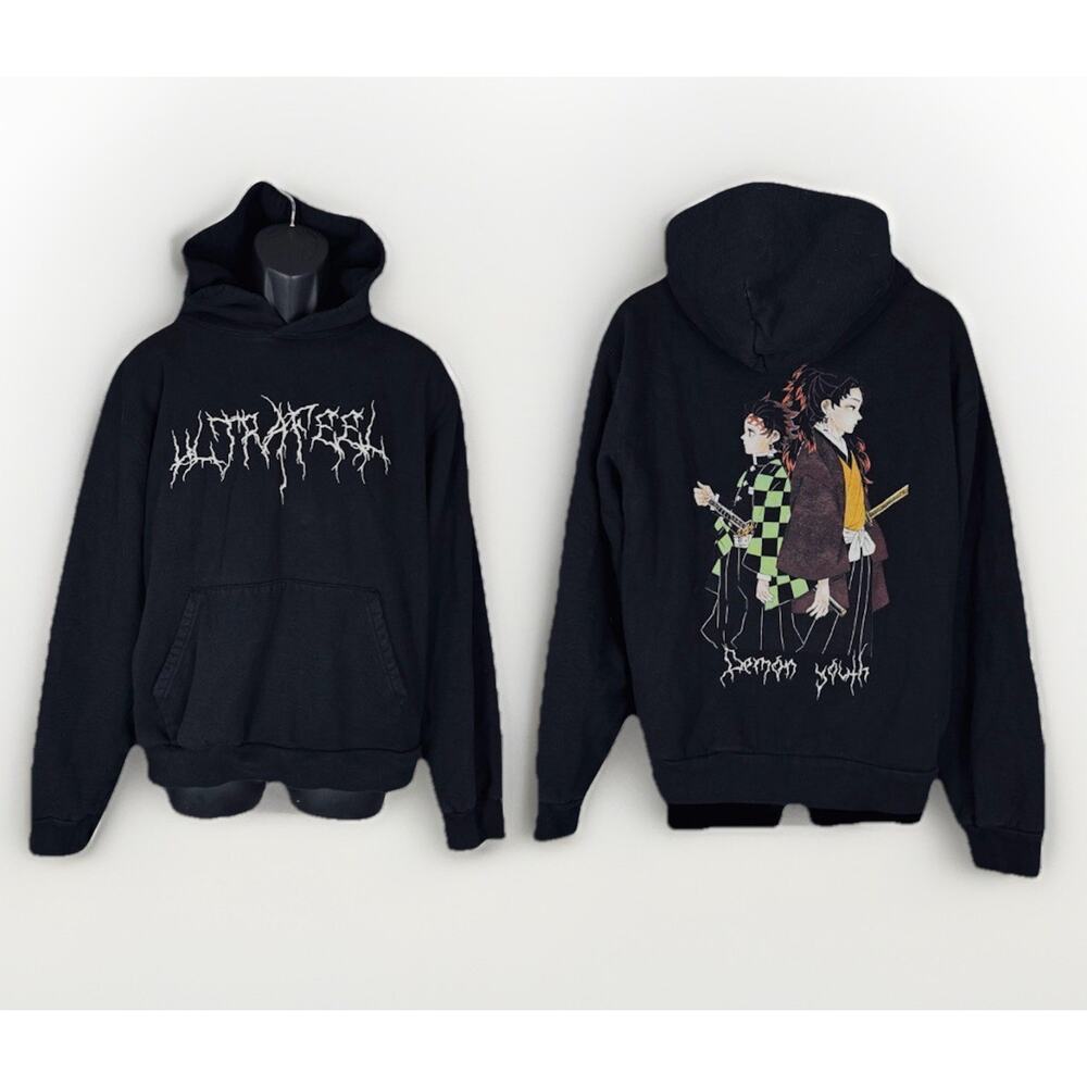 RARE Ultrafeel XL Demon Slayer Tanjiro Yoriichi Black Heavy Hoodie Anime Graphic